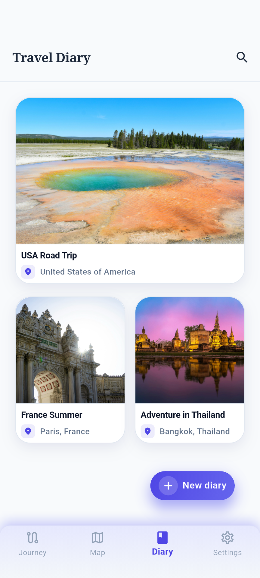 Wandrly diary screen with memory entries