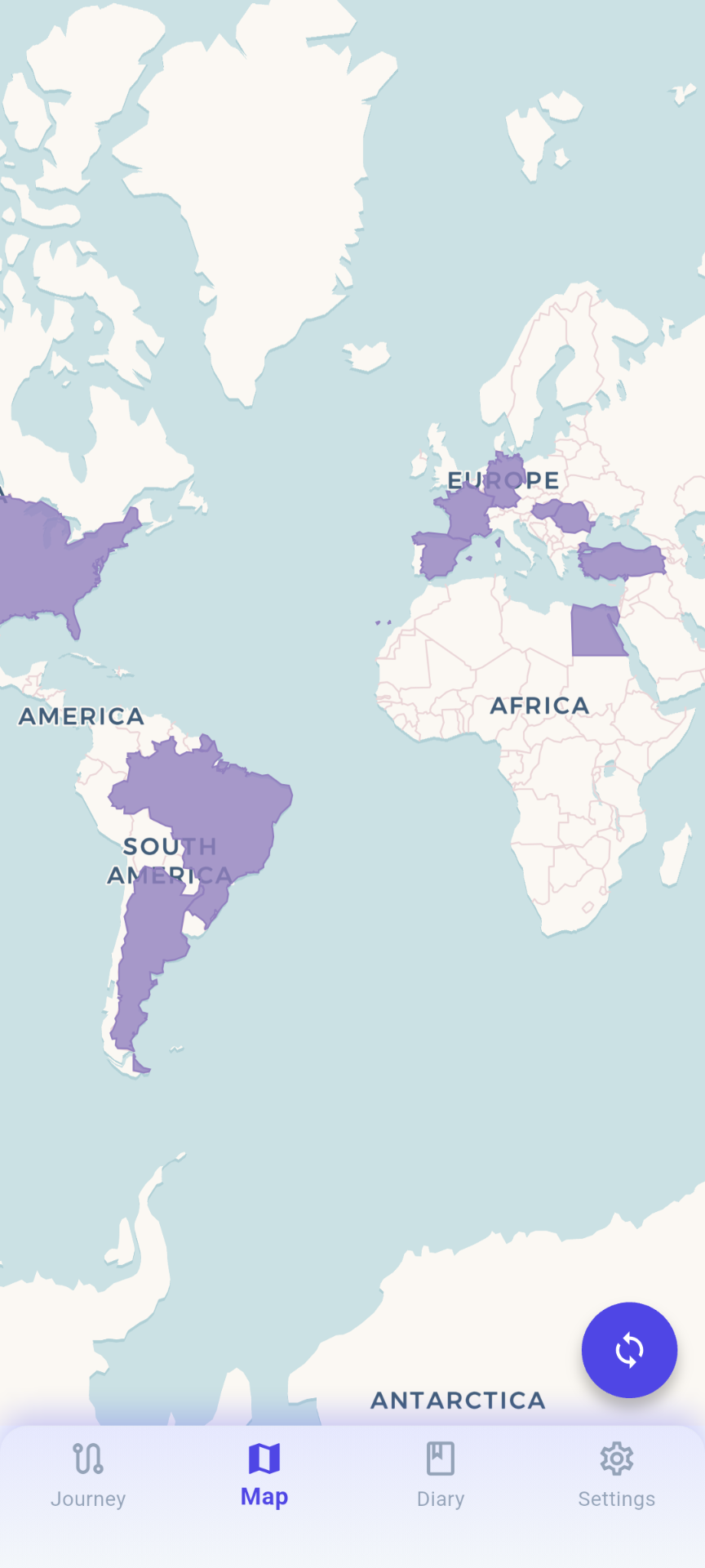 Wandrly map screen showing visited countries